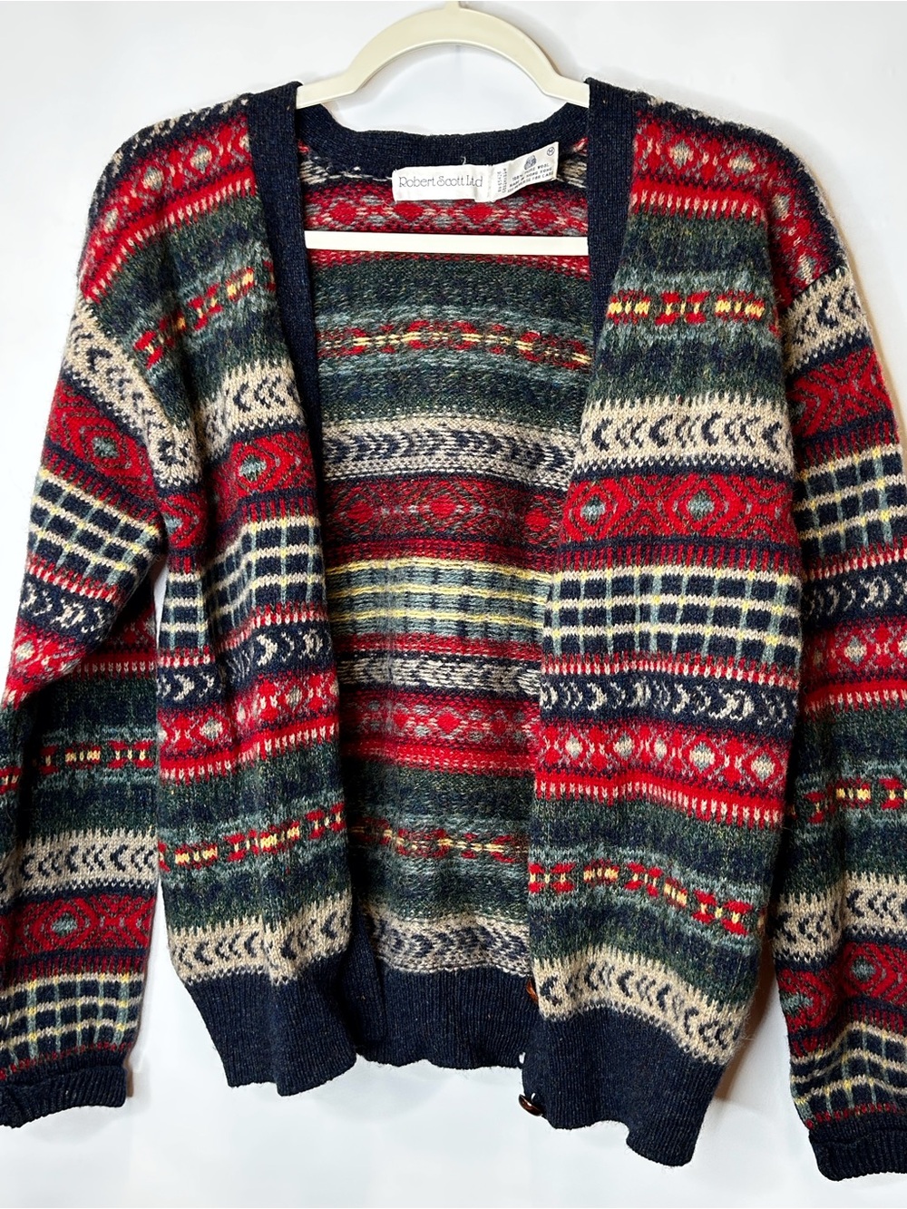 Robert Scott Ltd Red & Forest Green Fair Isle Cardigan Sweater